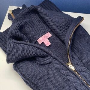 Lily Pulitzer navy blue zipper front waisted cardigan slim fit gold hardware XS